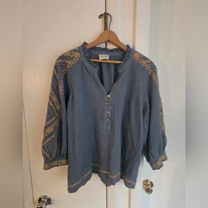 Wrap London Linen Blend Gauze Embroidered Boho Puff Sleeve Blue Blouse Size 12